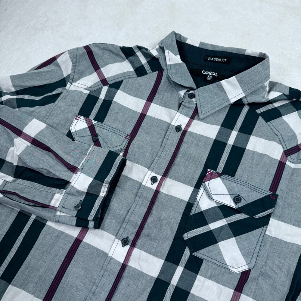 Carbon Mens XXL Plaid Button Down Shirt Grey Green Classic Fit Long Sleeve Top